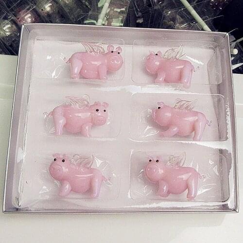 6pcs Custom Hand made murano Glass Pendant Pink Pig figurines Christmas wedding decoration Hanging glass cartoon animal