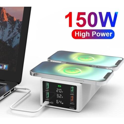 150W 6 Ports USB Charger Dual QI Wireless Charger QC3.0 PD 65W Fast Charging Station For iPhone 12 Pro Max Macbook Laptop Huawei