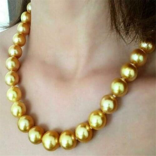 Huge 16mm south sea shell pearl round golden pearl necklace 18 inch Bead irregularity cultivation chain woman jewelry delicate