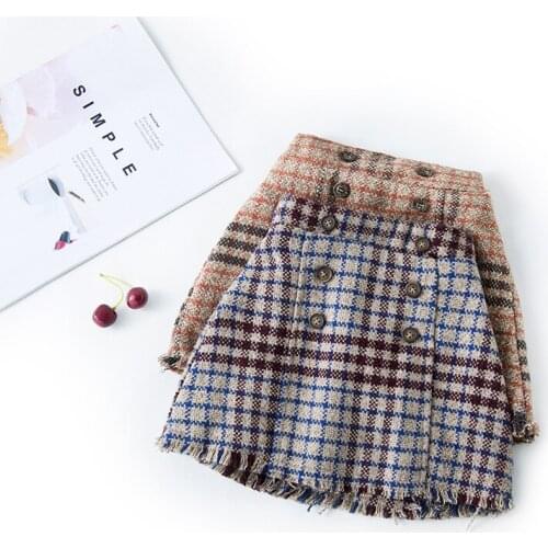 Spring Autumn Double-deck Kids Lattice Skirt for Girl Fashion Wool Retro Skirts Kids Button A-Bag Hip Skirt Kids Girl Clothing