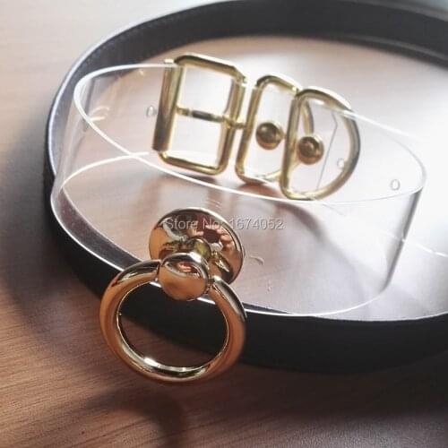 Designed Sexy Unique Choker Gold Metal Hanging O Round BDSM Collar Clear PVC Vinyl Buckle Necklace Sub Fetish Collar