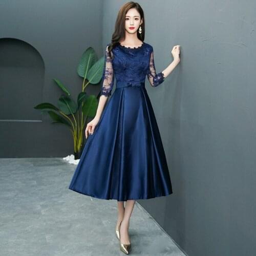 Chinese Dress Qipao Medium Long Section Banquet Dress Slim Lace Half Sleeve Dress Navy Blue Evening Dress Improved Qipao