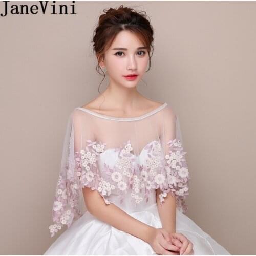 JaneVini Lace Wrap Mariage Girls Bolero White Flowers Tulle Bolero Dames Bridal Cape Summer Wedding Coprispalle Donna Estivo