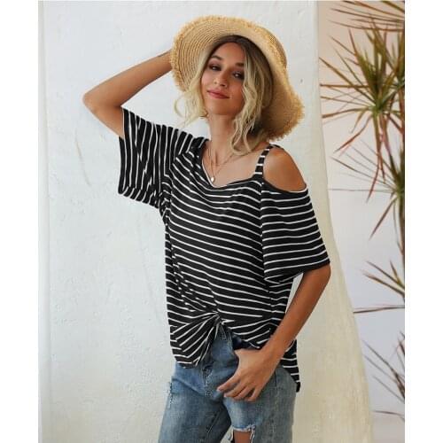 Summer 2021 Short-sleeved T-shirt Diagonally Wide Striped Short-sleeved T-shirt Diagonal Collar Wide Striped Knotted T-shirt New