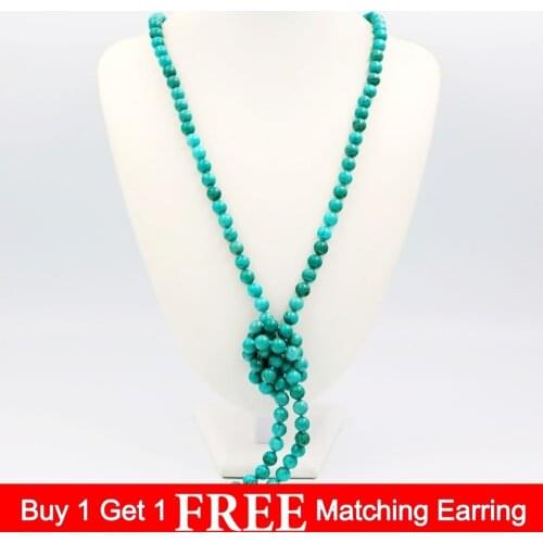 LiiJi Unique Fashion Necklace Green Turquoises 8mm Round Beads Long Sweather Necklace 51''/130cm
