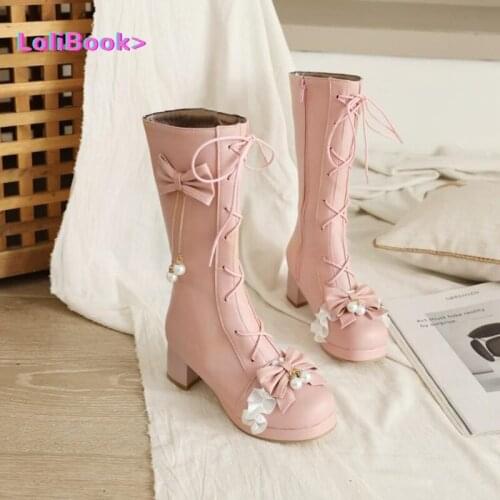 Lolibook 2021 Womens winter lolita boots Womens mid-tube boots Lolita sweet bow thick heel Martin boots