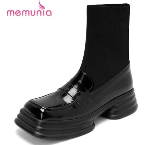 MEMUNIA Kid Leather Shoes Thick Heels Platform Ankle Boots Leisure Concise Female Boots Spring Autumn Fashion Boots Sock Boots