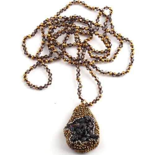 Fashion Bohemian Tribal Jewelry 4mm Crystal Glass Knotted Handmake Paved Natural Stone Pendant Necklaces