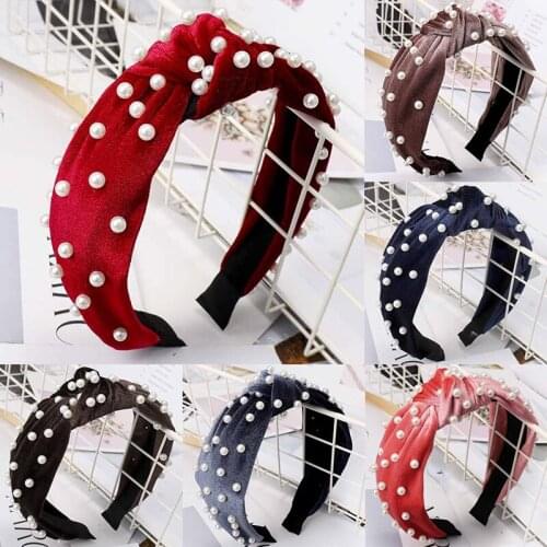 Sale 1PC Solid Velvet knotted Women Headband Wide Hairband with Pearl Beads Cross Girls Party Hair Styling accessories