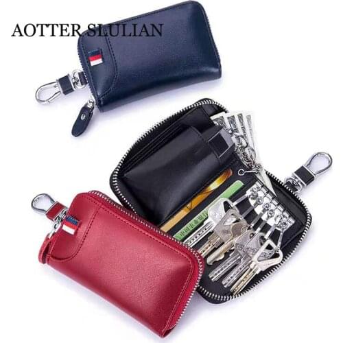 Soft Genuine Leather KeyChain Car Key Bag Business Unisex Wallet Card Holder Zipper Pouch Purse Key Packet Cover Portable Keybag