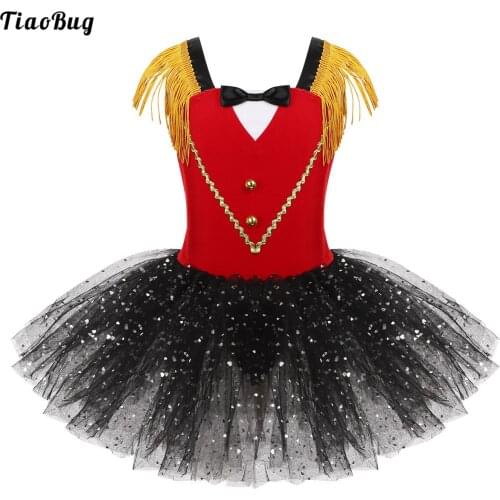 TiaoBug Kid Girls Halloween Circus Dress Dancewear Sleeveless Tassel Bowtie Sweetheart Foil Sequins Mesh Tutu Gymnastics Costume