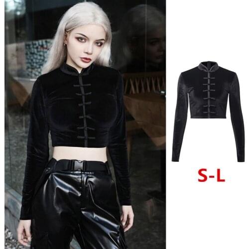 Autumn Fashion Crop Top Long Sleeve Womens Retro Shirt Gothic Black Tops Dark Streetwear Stand Collar Casual Shirts