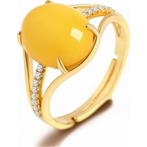 Ethnic Style 925 Silver Rings For Women Fine Jewelry Big Oval Natural Yellow Amber Ring Adjustable Size Wedding Engagement Gift