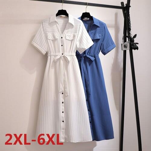 Women Summer Large Size Turn-Down collar Short Sleeve Striped With Pocket Chiffon Tunic Long Dress Plus Size Women Clothing