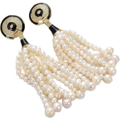 JK 3.5" Natural White Pearl CZ Pave Stud Earrings For Women