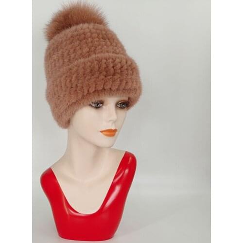 Mink Fur Cap Knitted Hats With Fox Fur Ball Winter Beanies 100% Natural Genuine Fur Caps Russian Hat Cap For Women Free Shipping