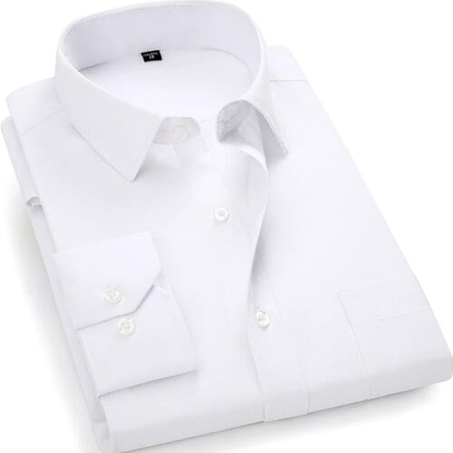 Aoliwen brand 2021 Lapel White Mens Dress Shirts Single Pocket Slim Fit Wedding Shirt Men Solid Color Casual Button Down Shirt