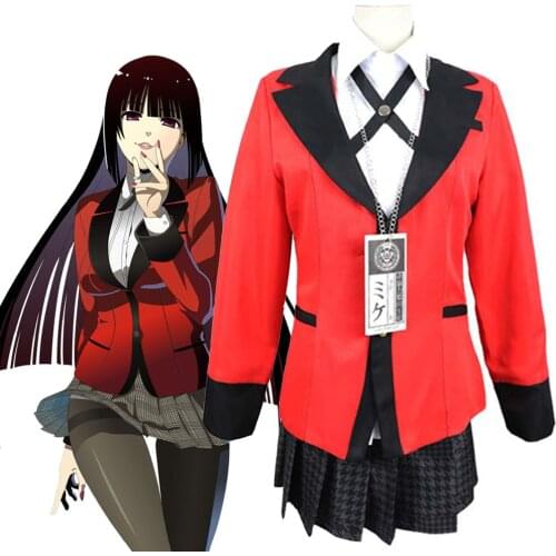 JP Anime Kakegurui Cosplay Costume Women Full Set Halloween Jabami Yumeko Cosplay JK Skirt School Uniform Stockings Wig
