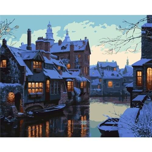 Painting By Numbers DIY Dropshipping 50x65cm A Town on a Snowy Night Landscape Handmade Gift For Adult Unique Gift Home Decor