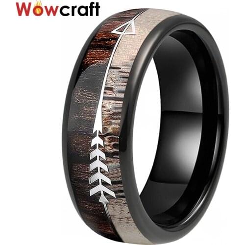 New Arrival 8mm Black Deer Anlter Tungsten Rings For Men Women Arrow Wood Inlay Dome Comfort Fit Wedding Band Engagement Jewelry