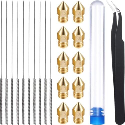 21 Pcs 3D Printer Nozzle and Cleaning Kit 0.4 Mm Mk8 Nozzles 0.4 Mm Needles and 1 Pack Tweezers Tool Kit Stainless Steel Nozzles