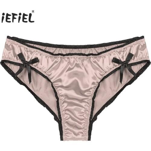 Mens Solid Color Panties Frilly Low Waist Satin Briefs Sissy Male Gay Underwear Nightwear Bowknot Elastic Waistband Underpants