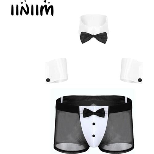 Mens Exotic Lingerie Set Costume Bowknot Collar Cuffs with See Through Briefs Back Rabbit Ear Underwear Sissy Halloween Parties