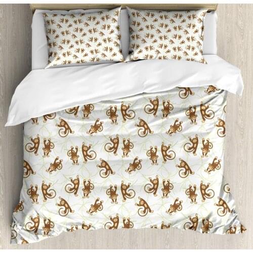 Forest Friends Duvet Cover Set Nursery Continuous Pattern with Cheerful Monkeys 3 Piece Bedding Set Umber Pastel Brown Cream