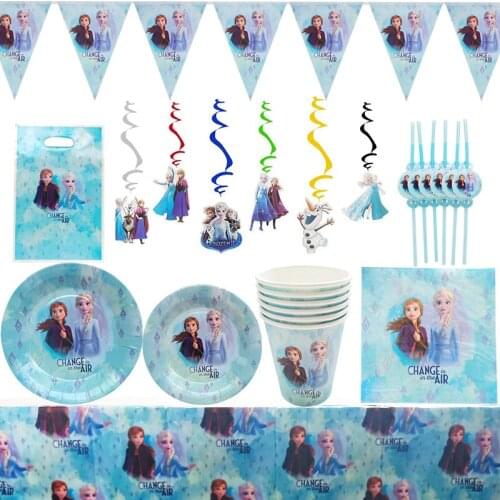 Frozen Party Blue Cartoon Characters Themes Disposable Cutlery Sets Napkins Paper Plates For Child Birthday Supplies Party Decor