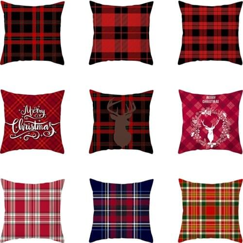 45*45cm Red Black Plaid Christmas Elk Pattern Square Pillowcase for Home Sofa Car Waist Throw Cushion Cover Home Decoration