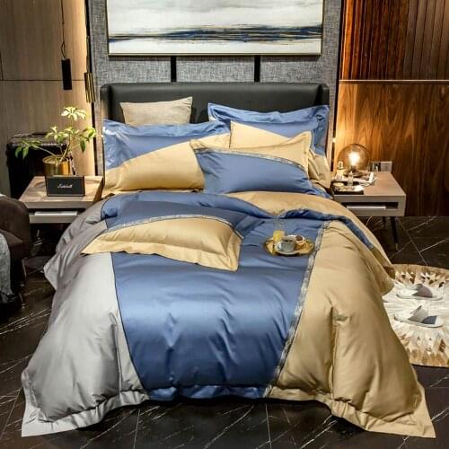 Papa&Mima Luxury Geometric Stripes Soft Satin Embroidery Bedlinens 60S Egyptian Cotton Queen King Size Bedding Duvet Cover Set