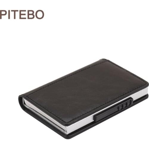 PITEBO 2020 Business ID Credit Card Holder Men and Women Metal RFID Vintage Aluminium Box PU Leather Card Wallet Note Carbon