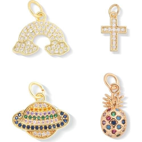 Rainbow Heart Sun Lock Pineapple Evil Eye Cross Palm Tree Planet Charms for Jewelry Making Cubic Zirconia DIY Pendant Connector