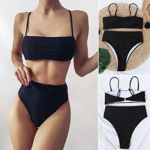 Hot Kf-2 Piece Solid Sexy Women Swimwear Bikini Set Ladies High Waist Beachwear Push Up Swimsuit Bathing Suit