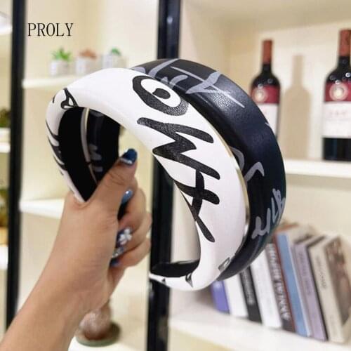PROLY New Fashion Women Headband Wide Side Graffiti PU Leather Sponge Filling Hairband Casual Headwear Hair Accessories