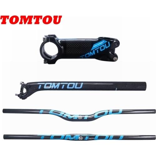 TOMTOU Blue Glossy 3K Carbon Fiber Handlebars Sets Bicycle Steering Wheel MTB Bike Handlebar + Seatpost + Stem - TS8T75