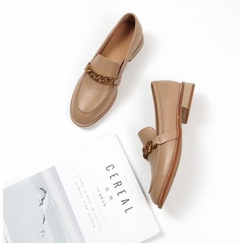 Genuine Cow Leather Loafers For Women Shoes Soft Penny Shoes Oxford Shoes Women Chain Decoration Handmade Big Size 44-45