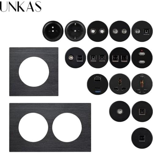 UNKAS A8 DIY Single Aluminum Panel Free Combination EU French HDMI 2.0 USB 3.0 Universal Socket Matching Modules Outlet Black