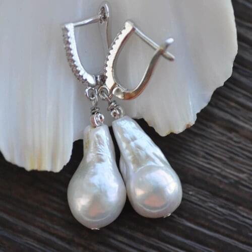 Z10320 22mm White Drop Baroque Keshi Reborn Pearl CZ Dangle Earring