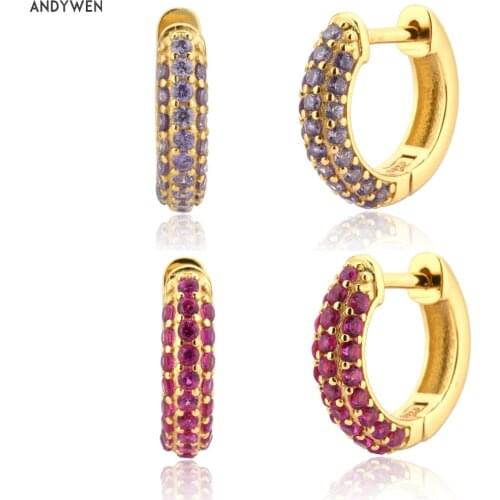 ANDYWEN 925 Sterling Silver Rose Red Purple Zircon Circle Hoops Round Women Luxury Crystal CZ Loops Piercing Ohrringe Jewelry