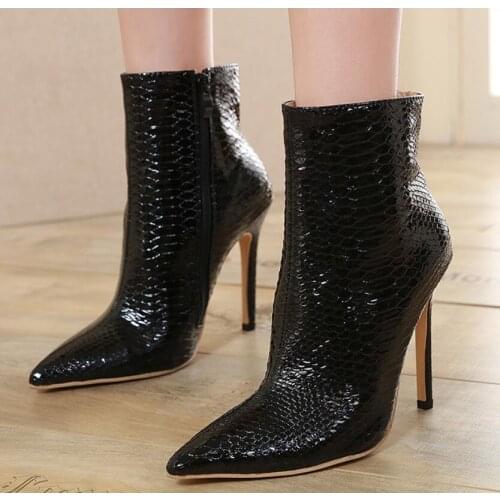 Snakeskin grain Ankle Boots For Women High heels Fashion Pointed toe Ladies Sexy shoes Vogue Nice Zip Boots Size 41 42