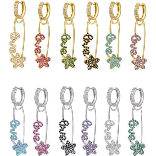 QMHJE Safety Pin Hoop Dangle Earrings for Women Lover Star Cubic Zirconia Jewelry Gold Silver Color Earing Metal Party Fashion