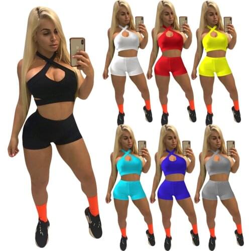 Echoine Women Solid Sleeveless Halter Crop Top Sheath Elastic High Waist Shorts 2 Two Piece Sets Tracksuit Summer Casual Outfits