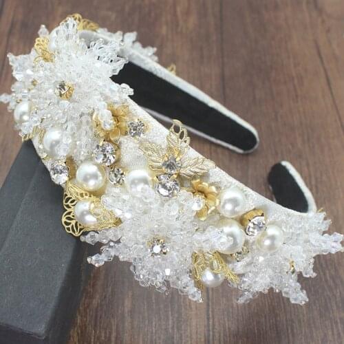 Handmade White Yellow Luxury Baroque Tiara Headbands Women Big Flower Crystal Rhinestone Hairband Palace Crown Bohemia Headwear