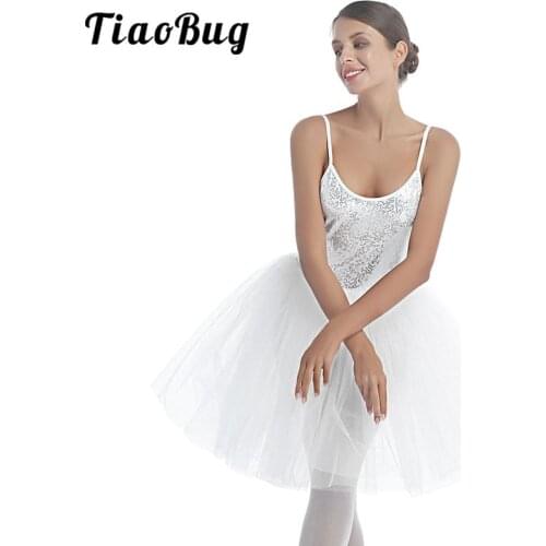 Women Sequins Dancewear White Tulle Tutu Ballet Dress Professional Ballet Leotard Ballerina Stage Performance Swan Dance Costume