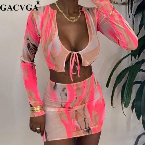 GACVGA 2020 Print Two Piece Dress Long Sleeve Bandage Women Sexy Bodycon Dress Short Summer Casual Party Mini Dress Vestidos