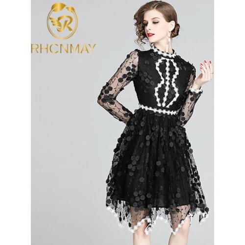 New 2020 High Quality Luxury Women Party Dress Runway Summer 3D Floral Mesh Embroidery Female Patchwork Lace Swing Dress