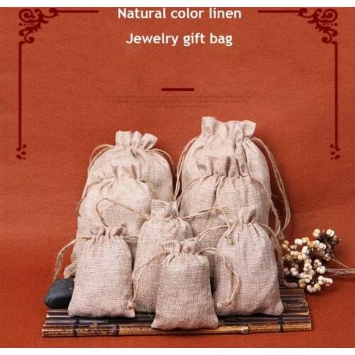 10 Pieces / Bag Multi-spec Retro Solid Color Jute Bag Linen Drawstring Beam Pocket Wedding Gift Small Cloth Bag Craft Tote Bag
