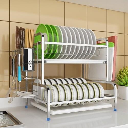 2 Layers 304 Stainless Steel Kitchen Dish Drying Rack Dishes Bowls Drain Rack Storage Shelf Rack Kitchen Tools Heavy Bearing