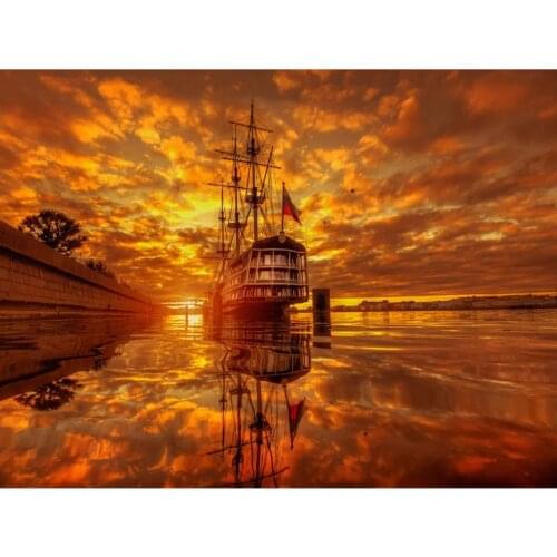 5D DIY Diamonds Painting Sunset Boat Landscape Full Drill Diamond Embroidery Ship Mosaic Picture of Rhinestones Home Decor gift
